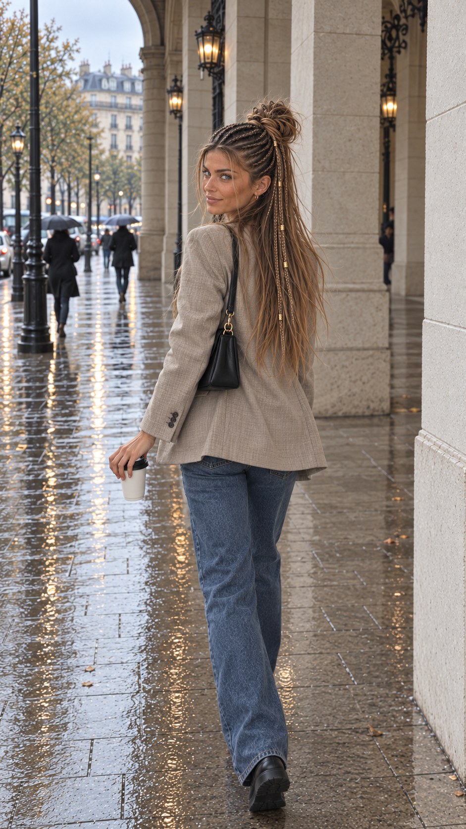 Mila blickt im Regen über die Schulter